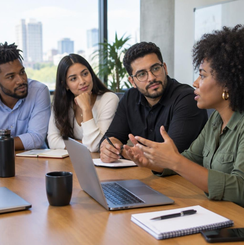 People in a discussion meeting around a table