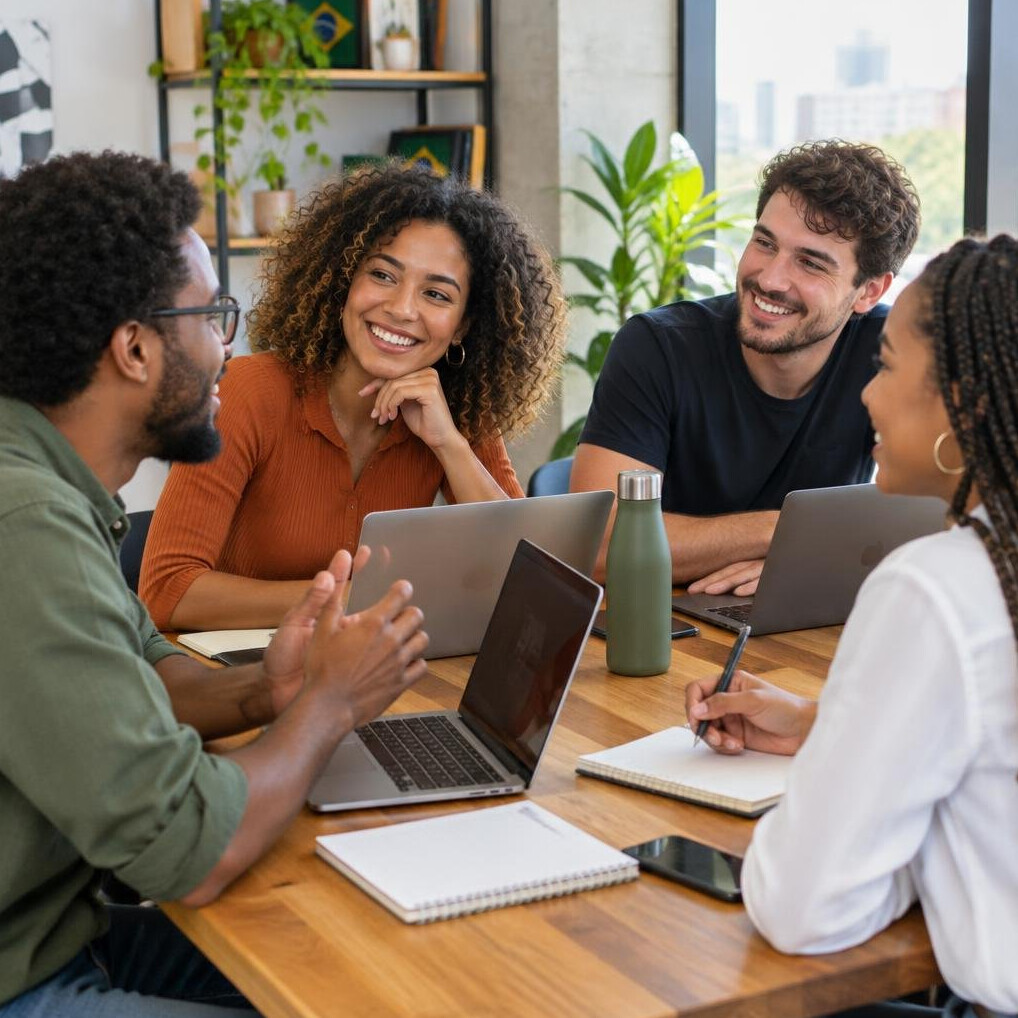 Group of young Brazilian friends talking around a table with laptops